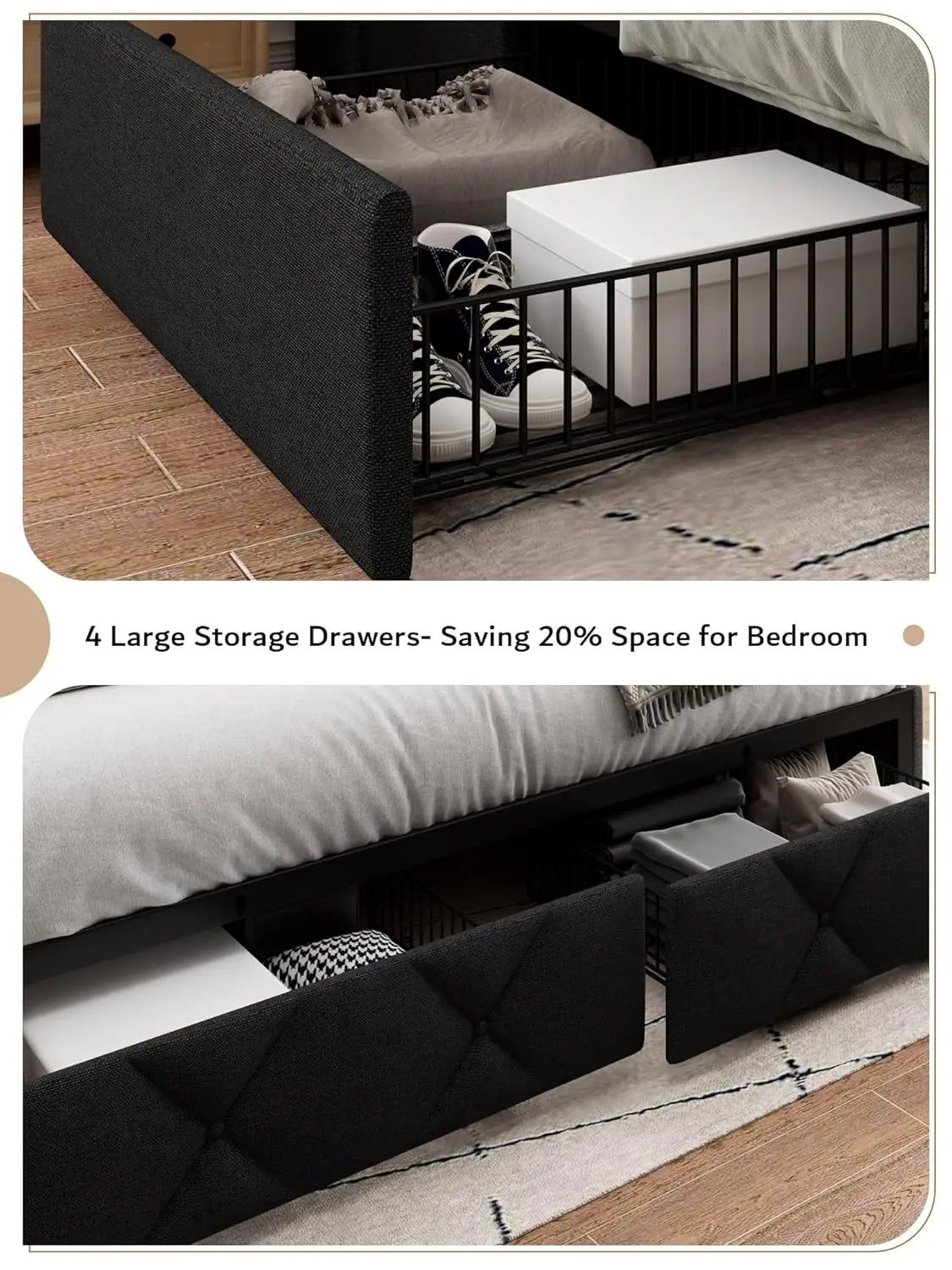 Queen Bed Frame with 4 Storage Drawers, Upholstered Platform Bed Frame with Charging Station, Modern Wingback Storage, Custom