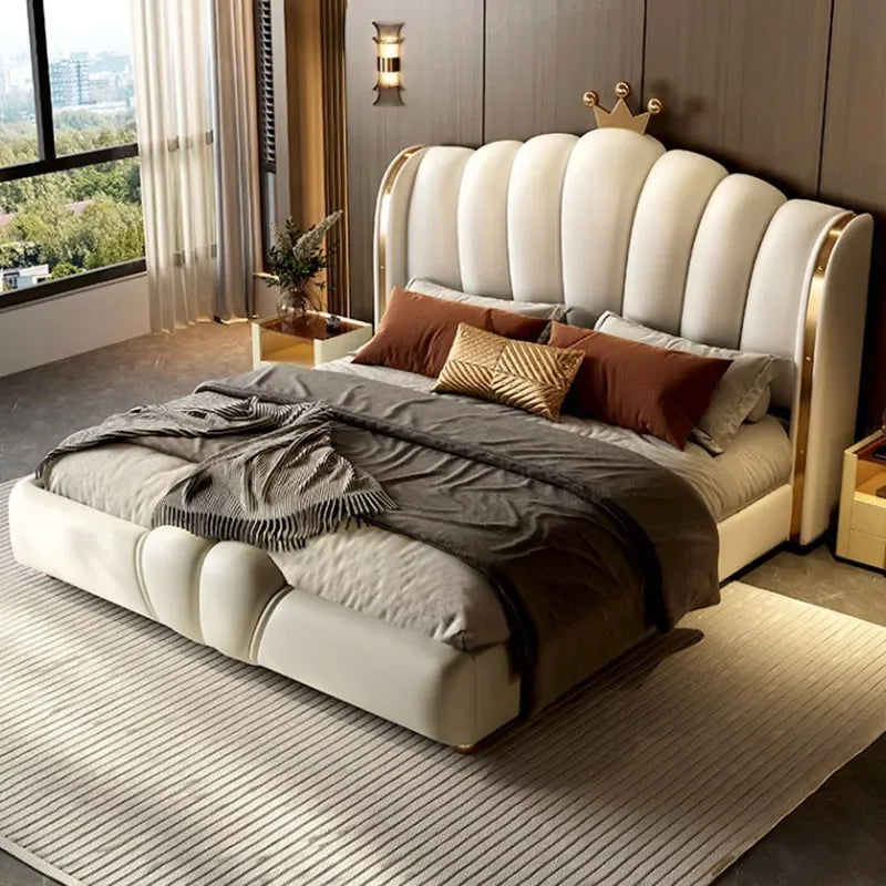 Modular Designer Aesthetic Bed Frame King Size Queen Double Bed Frame White Faux Leather Camas Matrimonial Bedroom Furniture