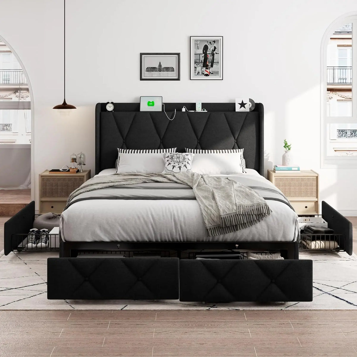 Queen Bed Frame with 4 Storage Drawers, Upholstered Platform Bed Frame with Charging Station, Modern Wingback Storage, Custom