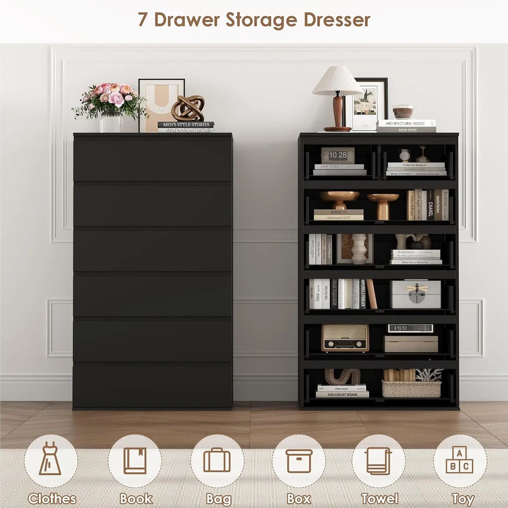 Black Dresser, Dresser for Bedroom, 7 Drawer Chest of Drawers