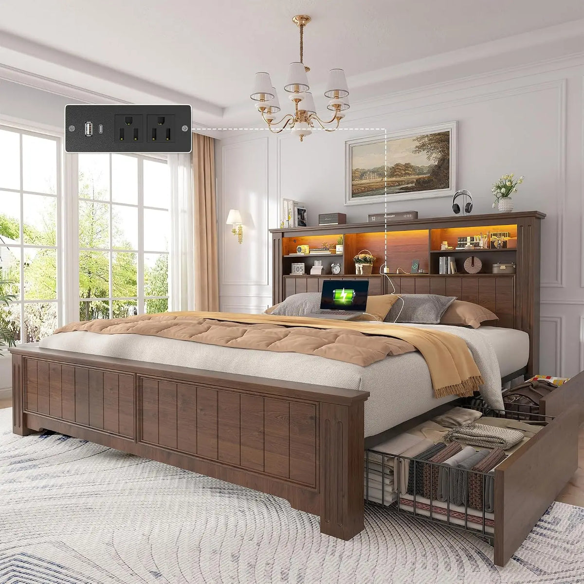 Queen Bed Frame with 4 Storage Drawers and Headboard Shelf,Brown | LED Lights,Built in Charging Station,Noise-Free,No Box Spring