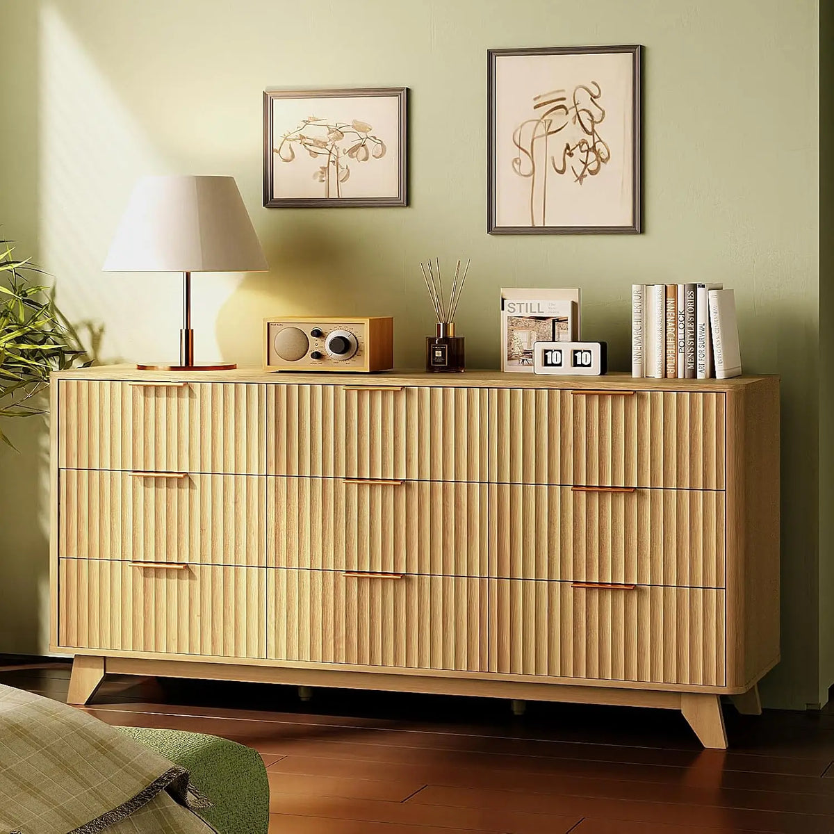 Fluted 57" Wide Modern Dresser With Metal Handle & Curved Profile, Wood Drawer Organizer For Bedroom, Black, Customized
