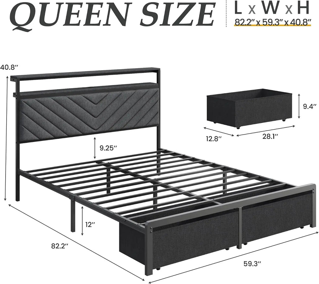Queen Bed Frame with 2 Drawers, Upholstered Headboard with Storage and Charging Station, LED Lights, Fabric Drawers