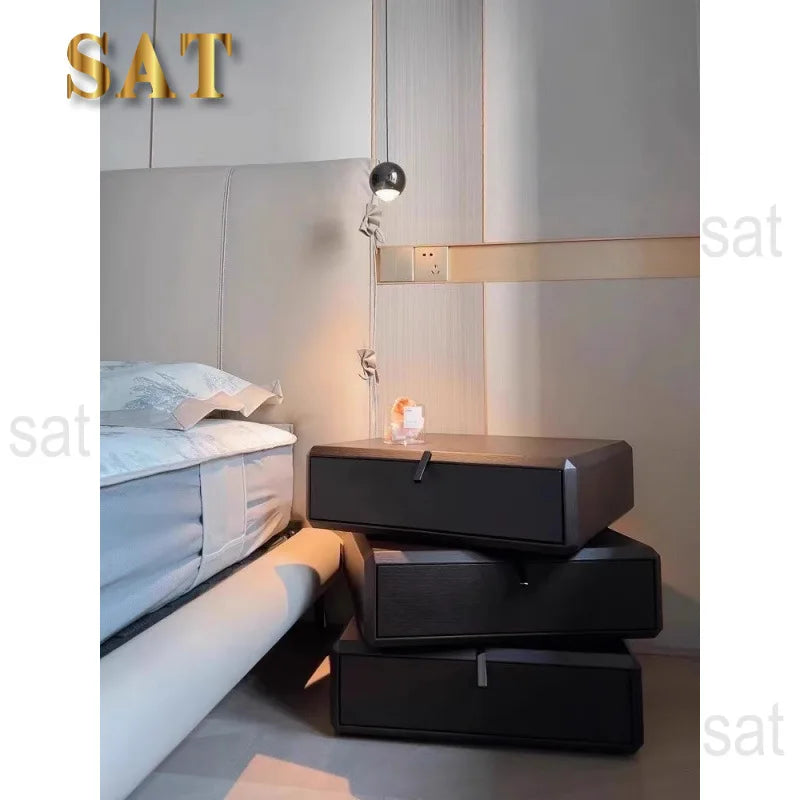 #Italian Style Minimalist Solid Wood Swivel Nightstand with Glass Top Chest Drawers Modern Light Luxury Home Bedroom Furniture