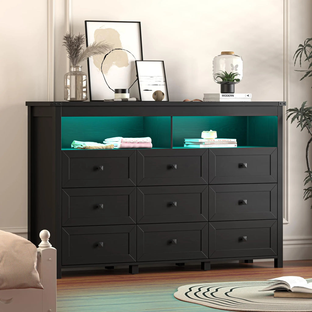 Dresser for Bedroom with 9 Drawers, LED Lights, Power Outlet, Black