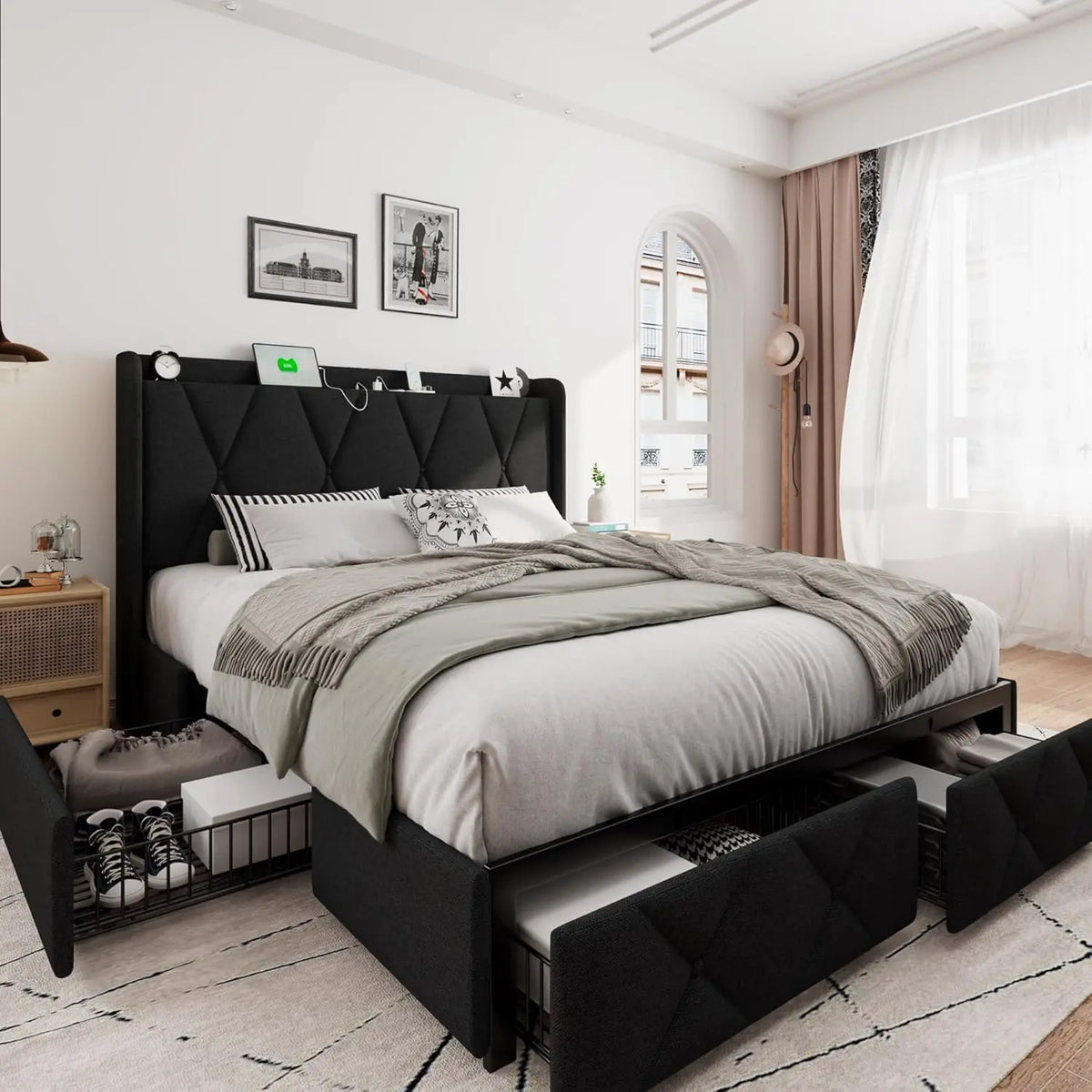 Queen Bed Frame with 4 Storage Drawers, Upholstered Platform Bed Frame with Charging Station, Modern Wingback Storage, Custom
