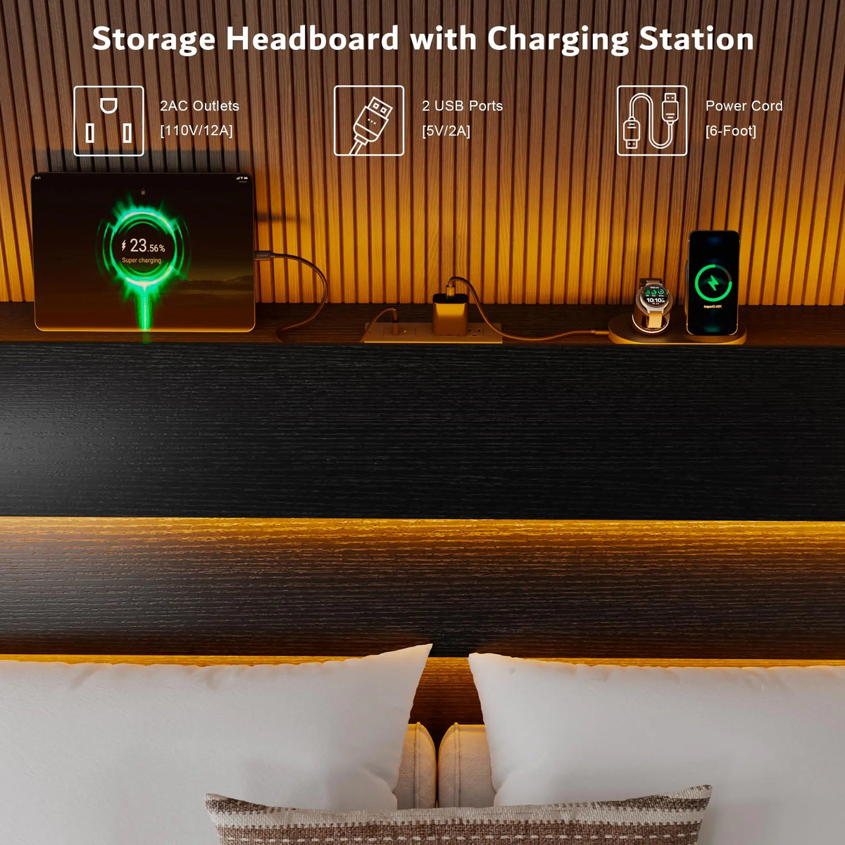 Queen Floating Bed Frame with LED Lights & Charging Station, Platform Bed with Wooden Storage Headboard, Steel Slats