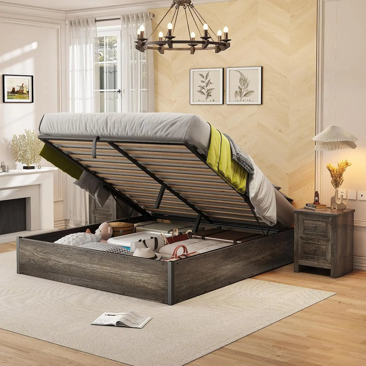 Full Size Lift Up Storage Bed Frame, White Oak, No Box Spring, Space Saving Hidden Storage, No Headboard, Modern Farmhouse, Easy