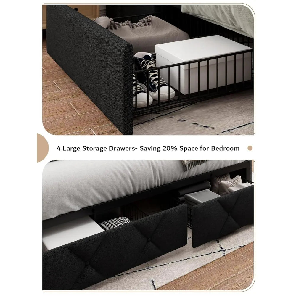 Queen Bed Frame with 4 Storage Drawers, Upholstered Platform Bed Frame with Charging Station, Modern Wingback Storage, Custom