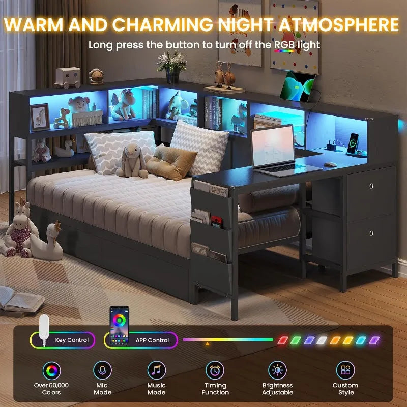 DICTAC Corner Twin Bed Frame with Desk,Charging Station and Bookcase Storage Daybed for Kids/Teen with Storage Drawers