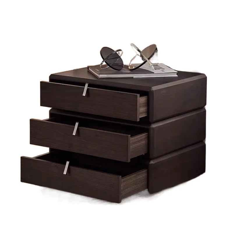 #Italian Style Minimalist Solid Wood Swivel Nightstand with Glass Top Chest Drawers Modern Light Luxury Home Bedroom Furniture