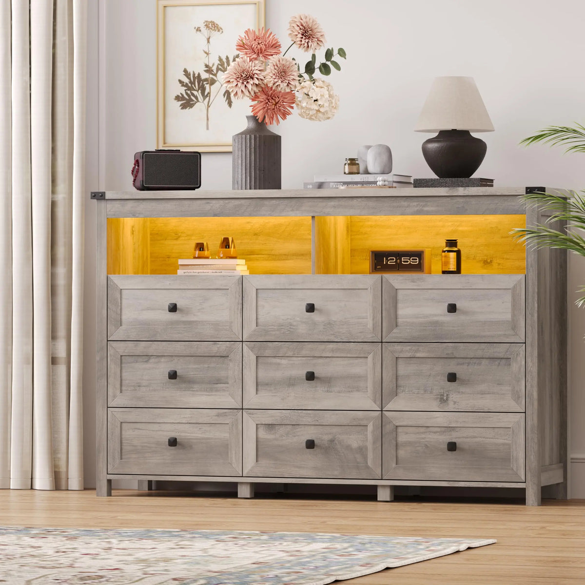 Dresser for Bedroom with 9 Drawers, LED Lights, Power Outlet, Black