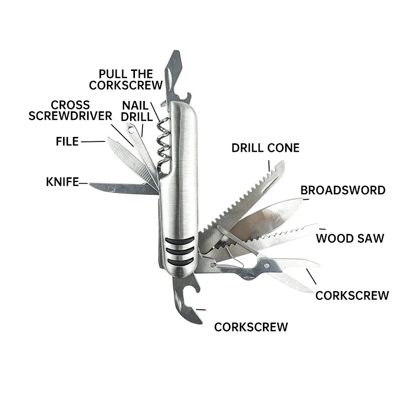 Utility Knife, 11-in-1 Pocket Knife with Screwdriver, Stainless Steel Bottle Opener, Wood Saw Scissors, Outdoor Emergency Tool