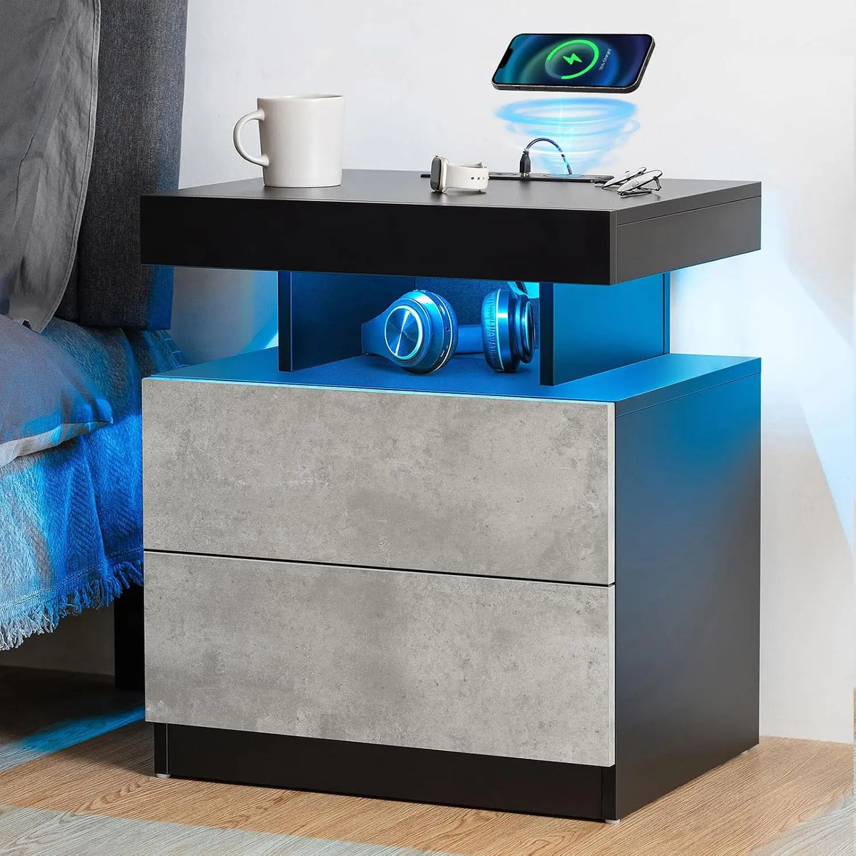 Nightstand LED Light & Charging Station USB Wireless Charging Modern 2 Drawer High Gloss Bedside Table Bedroom, Customized
