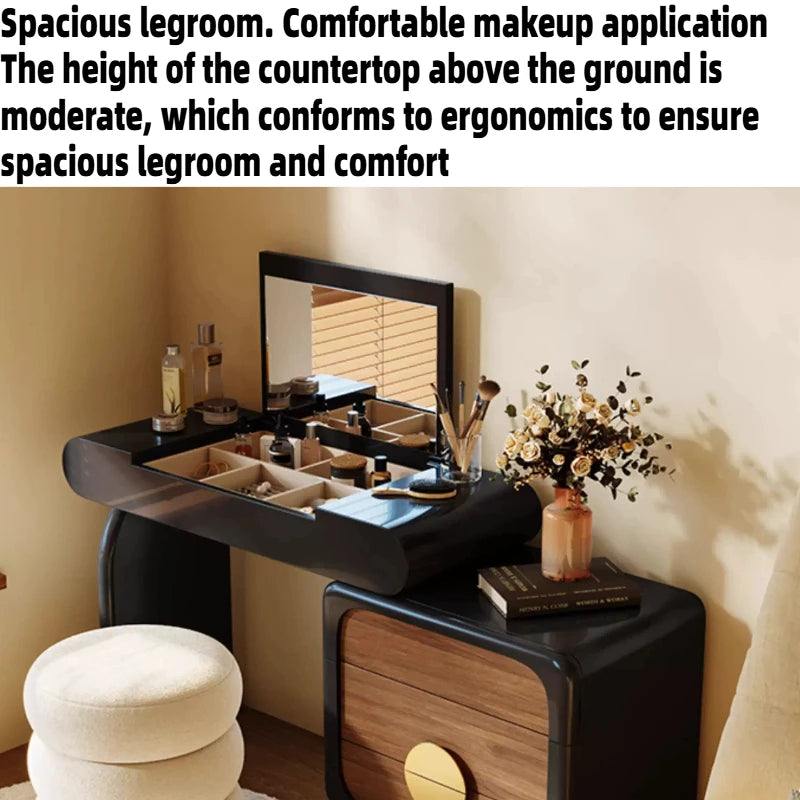 Black Flip Makeup Dressing Table With Light Mirror Stool Headdresses Vanity Desk Dresser Wooden Hairstyle Hotel Furniture