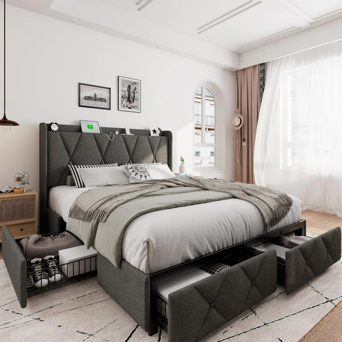 Queen Bed Frame with 4 Storage Drawers, Upholstered Platform Bed Frame with Charging Station, Modern Wingback Storage, Custom