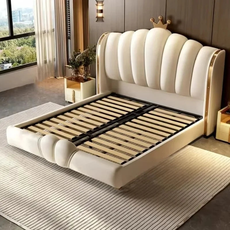 Modular Designer Aesthetic Bed Frame King Size Queen Double Bed Frame White Faux Leather Camas Matrimonial Bedroom Furniture