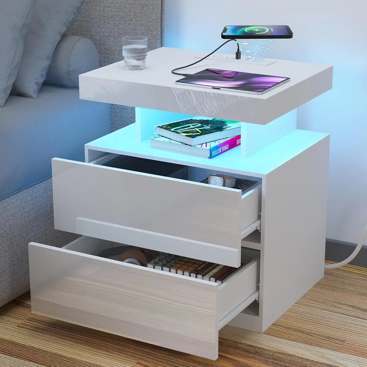 Nightstand LED Light & Charging Station USB Wireless Charging Modern 2 Drawer High Gloss Bedside Table Bedroom, Customized