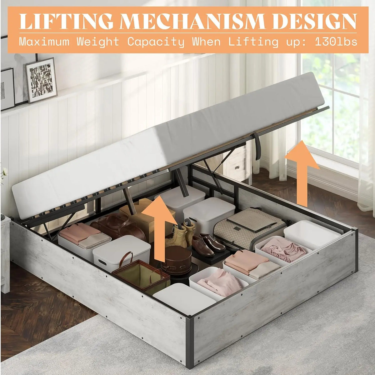 Full Size Lift Up Storage Bed Frame, White Oak, No Box Spring, Space Saving Hidden Storage, No Headboard, Modern Farmhouse, Easy