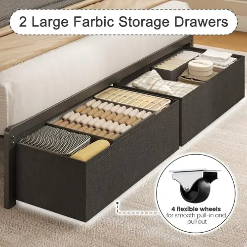 Queen Bed Frame with 2 Drawers, Upholstered Headboard with Storage and Charging Station, LED Lights, Fabric Drawers
