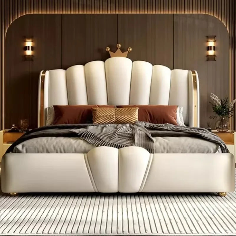 Modular Designer Aesthetic Bed Frame King Size Queen Double Bed Frame White Faux Leather Camas Matrimonial Bedroom Furniture