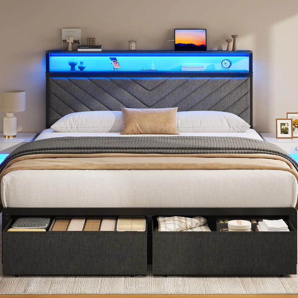 Queen Bed Frame with 2 Drawers, Upholstered Headboard with Storage and Charging Station, LED Lights, Fabric Drawers