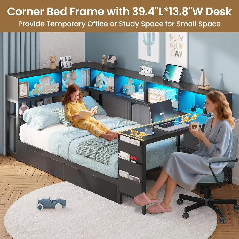 DICTAC Corner Twin Bed Frame with Desk,Charging Station and Bookcase Storage Daybed for Kids/Teen with Storage Drawers
