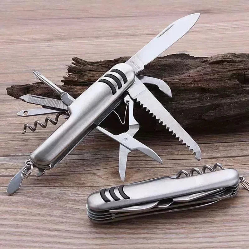 Utility Knife, 11-in-1 Pocket Knife with Screwdriver, Stainless Steel Bottle Opener, Wood Saw Scissors, Outdoor Emergency Tool
