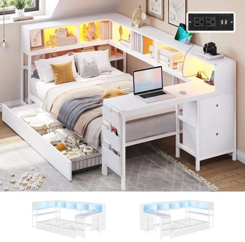 DICTAC Corner Twin Bed Frame with Desk,Charging Station and Bookcase Storage Daybed for Kids/Teen with Storage Drawers