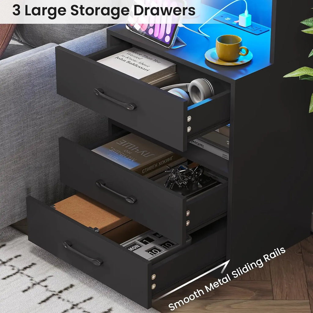 Tall Nightstand with Charging Station & LED, Black Bedside Table with Bookshelf & 3 Drawers, End Table for Bedroom, Customized