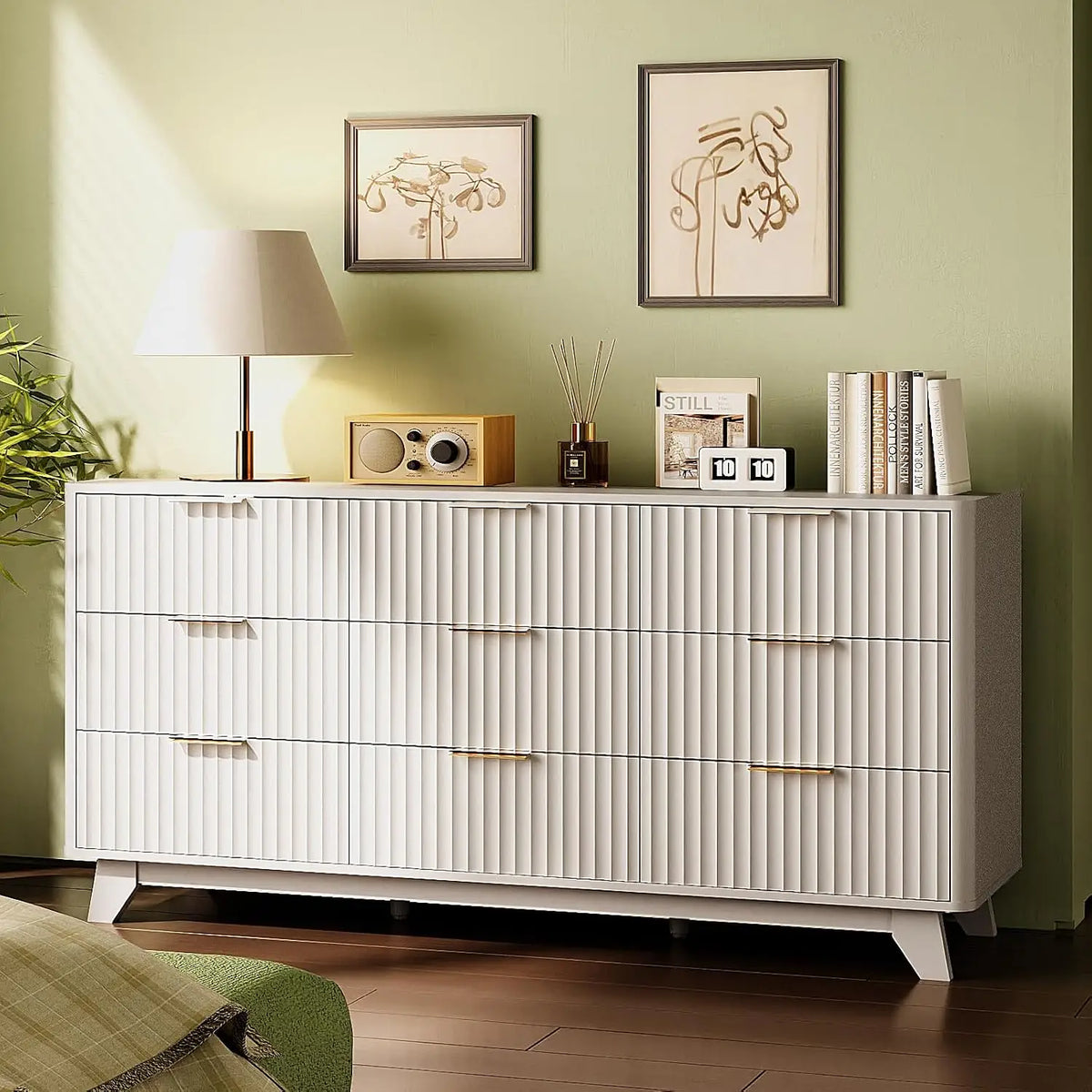 Fluted 57" Wide Modern Dresser With Metal Handle & Curved Profile, Wood Drawer Organizer For Bedroom, Black, Customized