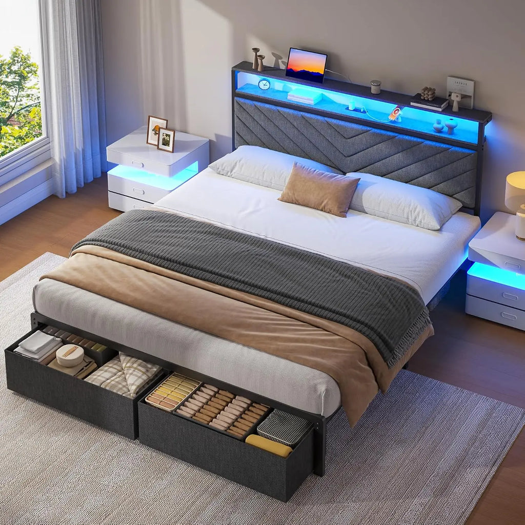 Queen Bed Frame with 2 Drawers, Upholstered Headboard with Storage and Charging Station, LED Lights, Fabric Drawers