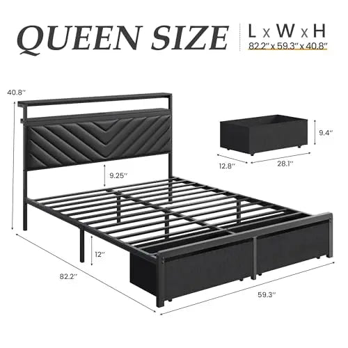 Queen Bed Frame with 2 Drawers, Upholstered Headboard with Storage and Charging Station, LED Lights, Fabric Drawers